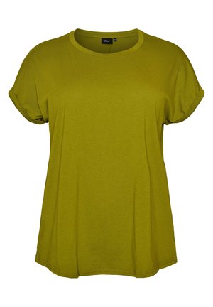 Oliivinvihreä lyhythihainen T-paita, pyöreä pääntie ja käännetyt hihansuut, esitetty yksinkertaisella valkoisella taustalla.