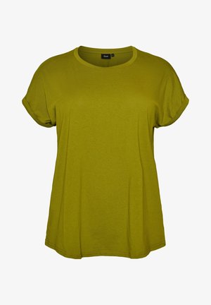 Olivengrøn kortærmet T-shirt med rund halsudskæring og op-rullede ærmekanter, vist på en ensfarvet hvid baggrund.