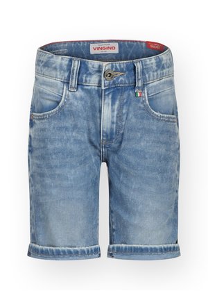Jasnoniebieskie szorty dżinsowe z lekko wyblakłym wykończeniem, z podwiniętymi mankietami, pięcioma kieszeniami oraz widoczną metką marki Vingino wewnątrz.