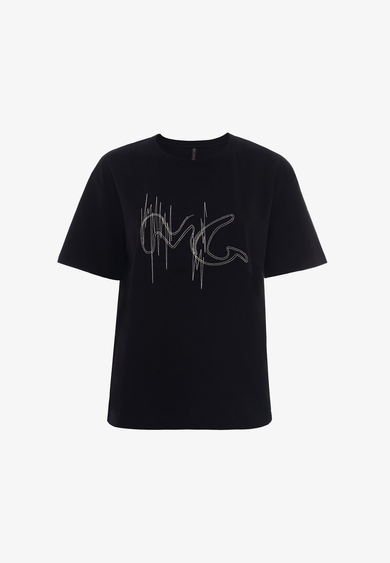 Schwarzes Baumwoll-T-Shirt mit lockerer Passform, das auf der Vorderseite ein weißes Grafikdesign hat, das Schallwellen ähnelt. Kurze Ärmel und runder Ausschnitt.