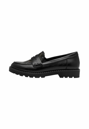Black leather loafers with a smooth finish and textured accent on the vamp, featuring a rugged black rubber sole and stitching details.