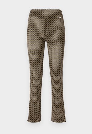 Pantaloni marroni a fantasia con design a gamba svasata, caratterizzati da forme geometriche in oro e blu navy. Tessuto liscio e cintura elasticizzata.