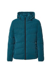 Türkisfarbene Pufferjacke mit Kapuze, ausgestattet mit einem Frontreißverschluss, gestepptem Design und elastischen Bündchen für Wärme und Komfort.
