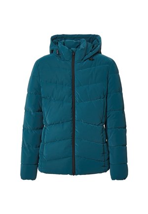 Teal puffer jacket with a hood, featuring a front zipper, quilted design, and elastic cuffs for warmth and comfort.