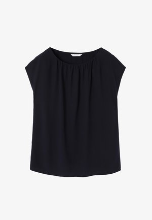 Marineblauwe blouse met korte mouwen en een ronde halslijn, voorzien van geplooide details aan de voorkant. Gemaakt van zachte, lichte stof met een relaxte pasvorm.