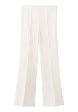 Pantalones blancos a la cintura alta, entallados, con piernas anchas y detalles de pliegues frontales, exhibidos sobre un fondo liso.