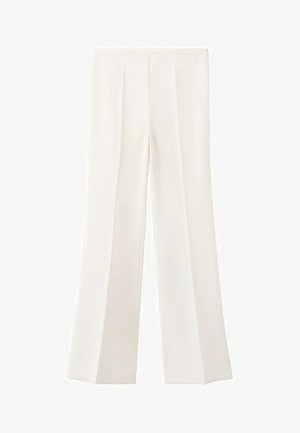 Pantalones blancos a la cintura alta, entallados, con piernas anchas y detalles de pliegues frontales, exhibidos sobre un fondo liso.