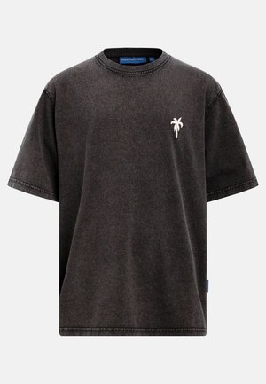 Koksgrå T-shirt med korte ærmer, rund halsudskæring og lille hvid palmetrælogo på venstre bryst.