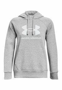 Szara bluza z kapturem wykonana z miękkiego materiału, z przednią kieszenią, kapturem ze sznurkiem oraz dużym białym logo Under Armour na klatce piersiowej.