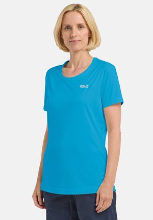 Blaues Sport-T-Shirt mit kurzen Ärmeln, rundem Ausschnitt und Logo auf der Brust. Hergestellt aus leichtem, glattem Stoff. Lässige Passform.