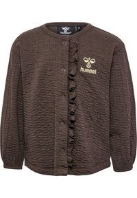 Brun texturerad långärmad cardigan med knäppning och volangdetaljer fram. Har en broderad logotyp på bröstet.