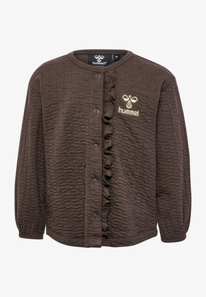 Cardigan long avec des manches longues, texturé marron, doté d'une fermeture à boutons et d'un détail en volants sur le devant. Présente un logo brodé sur la poitrine.