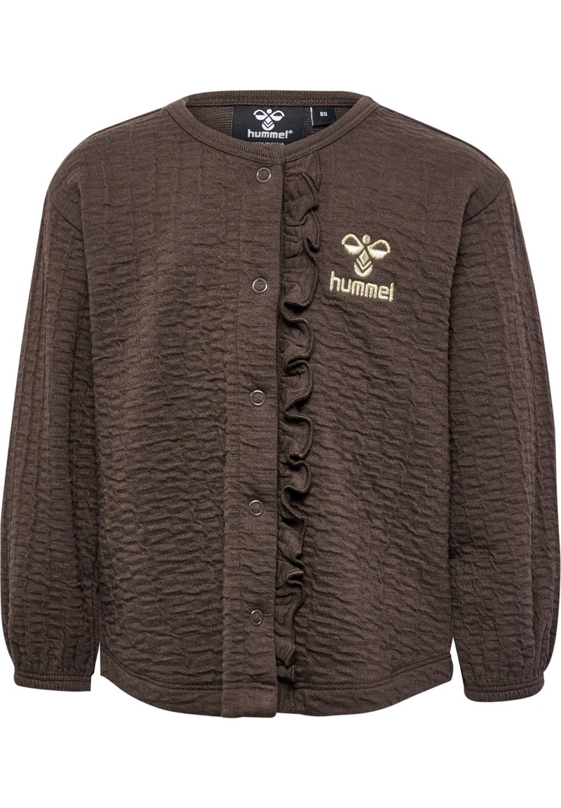 Brun texturerad långärmad cardigan med knäppning och volangdetaljer fram. Har en broderad logotyp på bröstet.