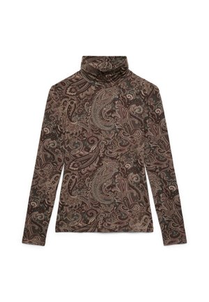 Maglia marrone a collo alto a maniche lunghe con motivo paisley intricato in tonalità beige e verde scuro.