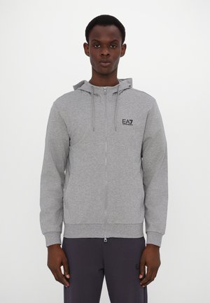 Gray zip-up hoodie made of soft material, featuring a hood, front pockets, and a subtle EA7 logo on the chest. Smooth texture.