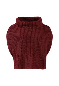 Fetter gestrickter, verkürzter Pullover in Dunkelrot mit einem dicken, umgeschlagenen Rollkragen und gerippter Textur.