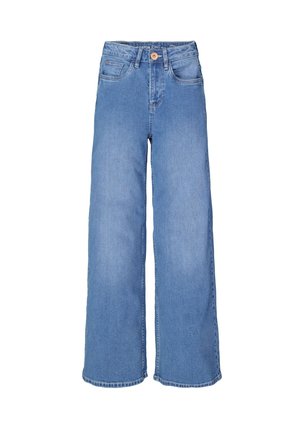 Wide-leg blue denim jeans with a mid-rise waist, front pockets, and a button closure. The fabric has a classic denim texture and finish.