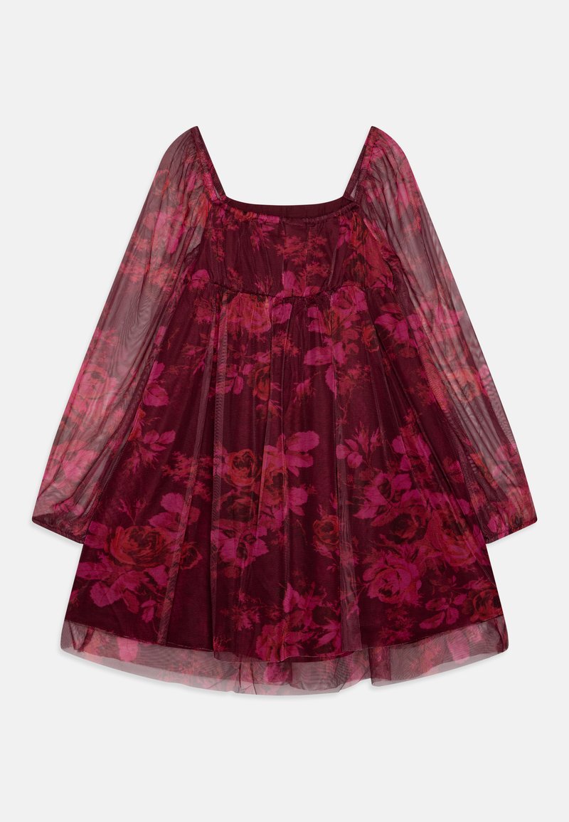Burgunderfarbenes Kleid mit langen, durchsichtigen Ärmeln, floralen Mustern in Rosa- und Rottönen, quadratischem Ausschnitt und gerafftem Taillenbereich für eine fließende Silhouette.