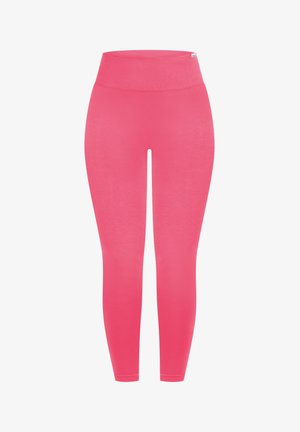 Hooggetailleerde leggings in effen roze, gemaakt van rekbare, gladde stof. Heeft een naadloos ontwerp met een comfortabele tailleband.