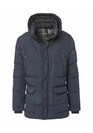 Navy puffer jacket with a detachable hood, featuring two front snap pockets, a zippered chest pocket, and a quilted design for insulation.