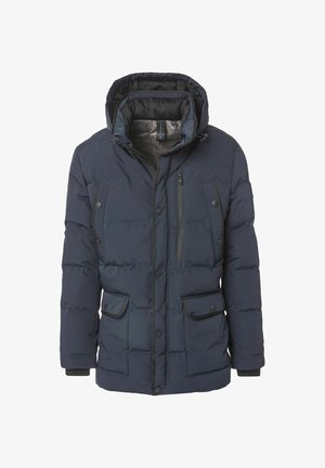 Navy puffer jacket with a detachable hood, featuring two front snap pockets, a zippered chest pocket, and a quilted design for insulation.