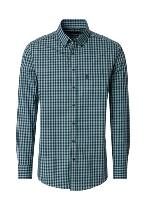 Long-sleeve button-up shirt with blue and green checkered pattern and a chest pocket.