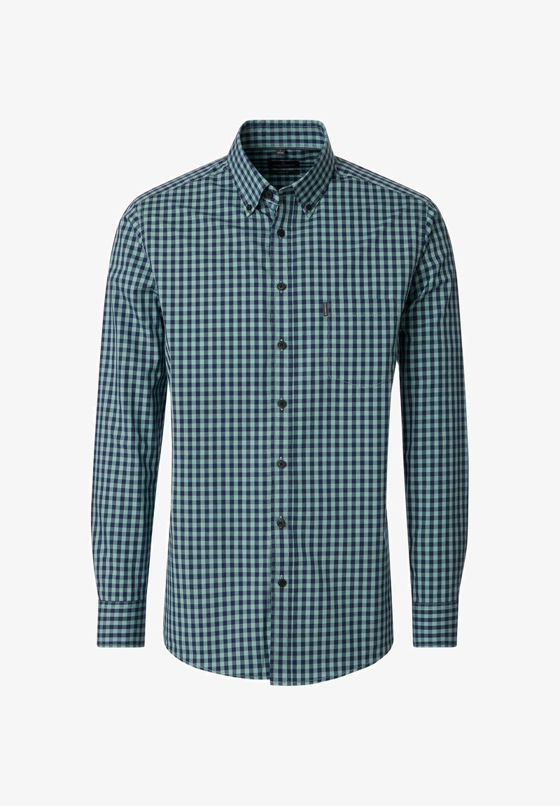 Long-sleeve button-up shirt with blue and green checkered pattern and a chest pocket.