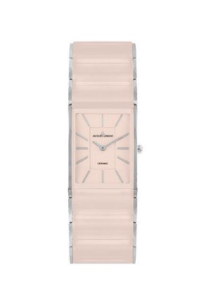 Orologio da polso rettangolare in ceramica rosa tenue con indicatori delle ore e lancette argentate, marchio Jacques Lemans e cinturino a maglie lisce.