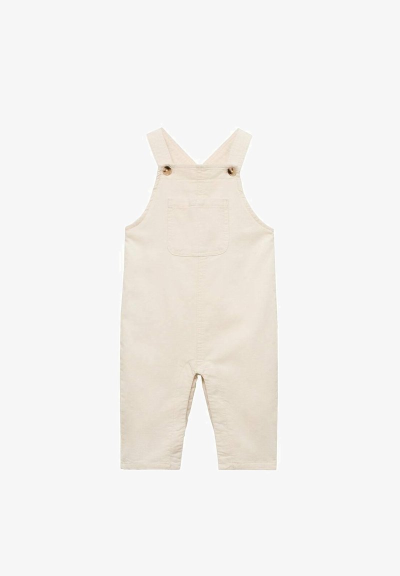 Béžové bavlnené nohavice s nastaviteľnými ramennými popruhmi, prednou vreckou a voľným strihom. Hladká textúra a jednoduchý dizajn.