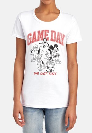 White t-shirt with red text "GAME DAY" and "WE GOT THIS" featuring Mickey Mouse, Goofy, and Donald Duck in soccer outfits, one holding a soccer ball.