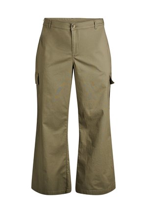 Olive rohelist värvi laia säärega tööpüksid, millel on esi- ja küljetaskud, nööpkinnitus ning puuvillane materjal. Sile pind ja sirge lõige.