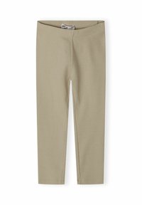 Beige geribbelde gebreide legging met elastische tailleband, ontworpen voor een nauwsluitende pasvorm en comfort.