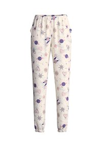 Lichte, crème-kleurige joggerbroek met een elastische tailleband. Heeft een speelse print van planeten, sterren en harten in roze en blauw.