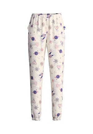 Pantaloni jogger leggeri di colore crema con vita elasticizzata. Presentano una stampa giocosa di pianeti, stelle e cuori in rosa e blu.
