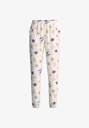 Leichte, cremefarbene Jogginghosen mit einem elastischen Bund. Sie sind mit einem verspielten Druck von Planeten, Sternen und Herzen in Pink und Blau versehen.