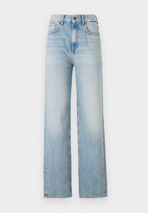 Hellblaue weite Jeans aus Denim mit hoher Taille, dezentem Fading und traditionellem fünf Taschen-Design mit kontrastierenden Nähten.