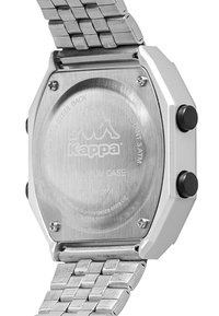 Sölvfärgad rostfri stålarmbandsur med en oktagonal klockkåpa, texturerad baksida, två sidoknappar och ett metallänkarmband. Märkt med Kappa-logotyp.