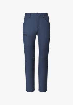 Navy blue technical pants with a slim fit, featuring side pockets, front zip pocket, and elastic waistband for comfort and mobility.