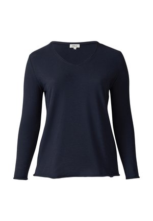 Marineblaues Langarm-T-Shirt mit V-Ausschnitt, aus weichem, leichtem Stoff gefertigt. Verfügt über einen abgerundeten Saum und minimale Nahtdetails.
