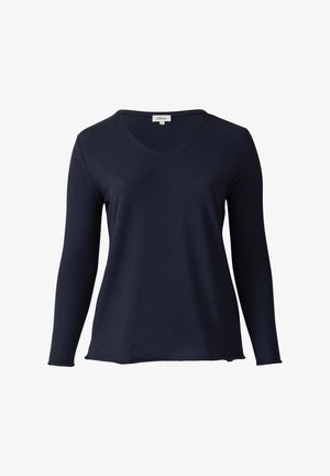 Marineblauwe longsleeve T-shirt met V-hals, gemaakt van zachte, lichte stof. Kenmerkt zich door een afgeronde zoom en minimale stikseldetails.