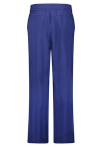 Blå, lätta byxor med lös passform, elastisk midja och två bakfickor. Slät textur och raka ben.