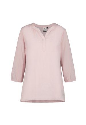 Blusa rosa chiaro, ampia, con maniche 3/4 e scollo tondo con spacco.