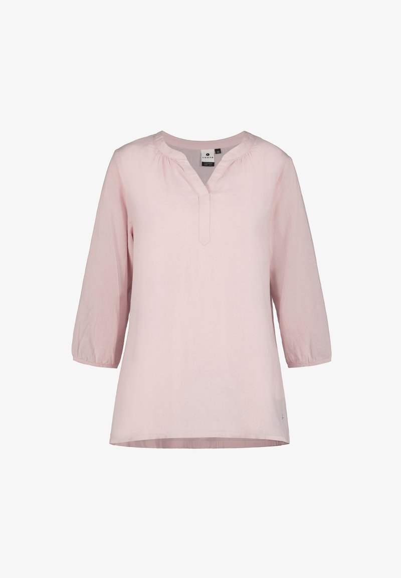 Světlá růžová volná halenka s 3/4 rukávy a kulatým rozděleným výstřihem.