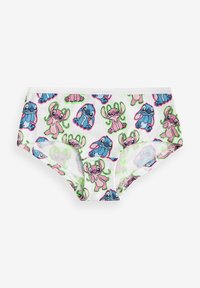 Culottes en tissu blanc présentant un motif répété de personnages de dessins animés colorés en bleu, rose et vert avec des contours contrastants.