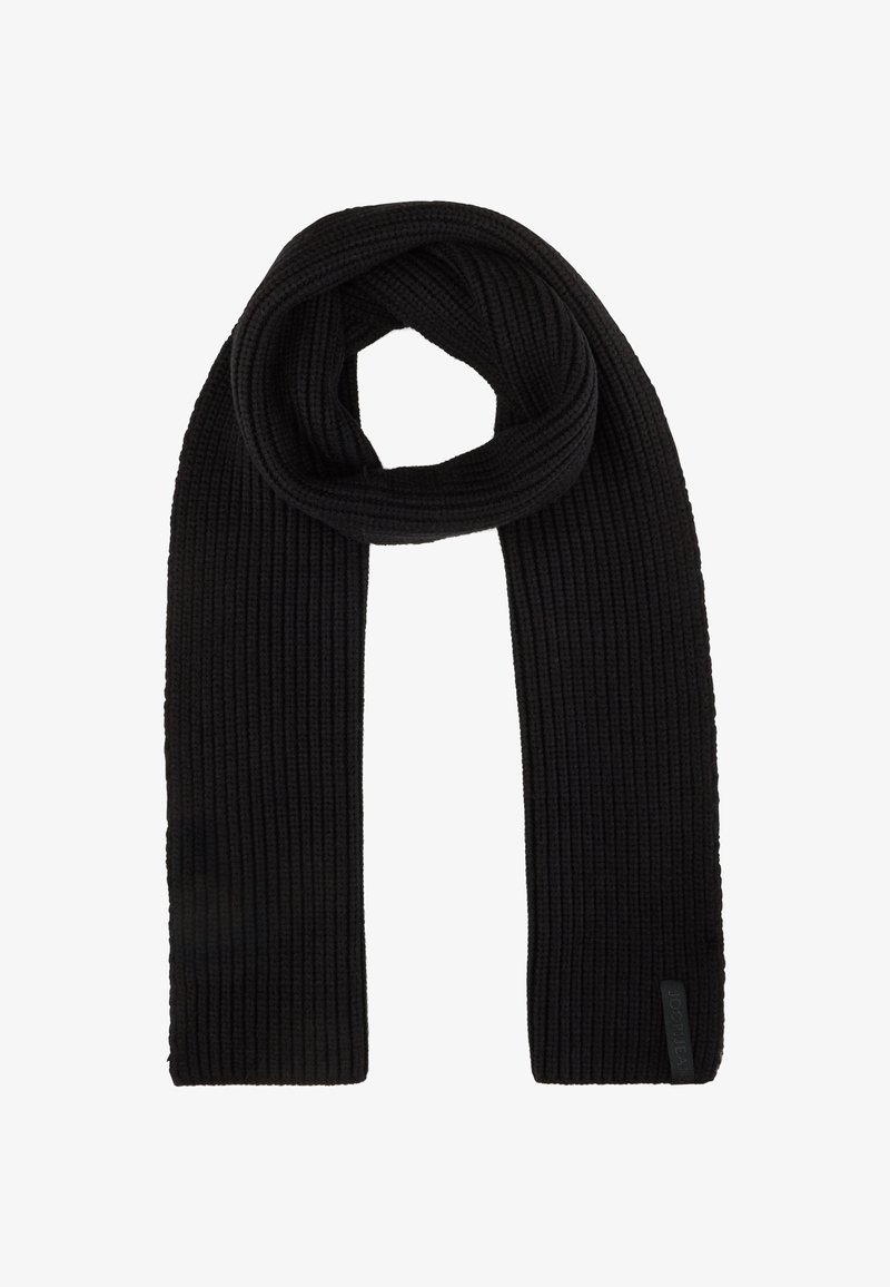 Zwarte geribbelde gebreide sjaal met een zacht textuur en een subtiele logo-label aan één uiteinde, ontworpen voor warmte en comfort in koudere weersomstandigheden.