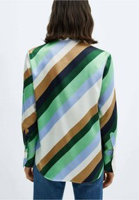 Person mit schulterlangem braunem Haar, der ein langärmliges Shirt mit diagonalen Streifen in Grün, Blau, Weiß, Braun und Schwarz trägt, von hinten gezeigt.