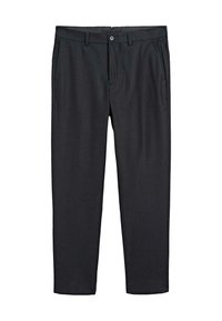 Zwarte rechte broek gemaakt van een gestructureerde stof. Heeft een knoopsluiting, zijzakken en een verfijnde afwerking, wat zorgt voor een strakke uitstraling.