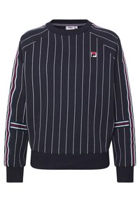 Sudadera navy con rayas blancas verticales, puños y dobladillo acanalados, con detalles multicolores en las mangas y un pequeño logo en el pecho.
