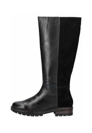 Hoher schwarzer Stiefel mit glattem Leder vorne und Wildleder hinten, runde Spitze, niedriger gestapelter Absatz und robuste Sohle.