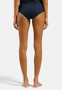 Bas de maillot de bain taille haute en navy avec un tissu texturé, coupe ajustée et taille lisse. Design classique sans motifs ni embellissements.